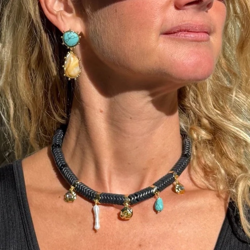 Gold and Turquoise Charm Necklace Semi precious stones